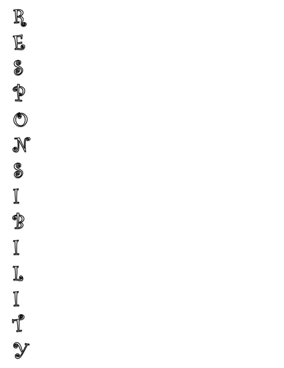 Responsibility acrostic poem template with black outline letters spelling RESPONSIBILITY as writing prompts.