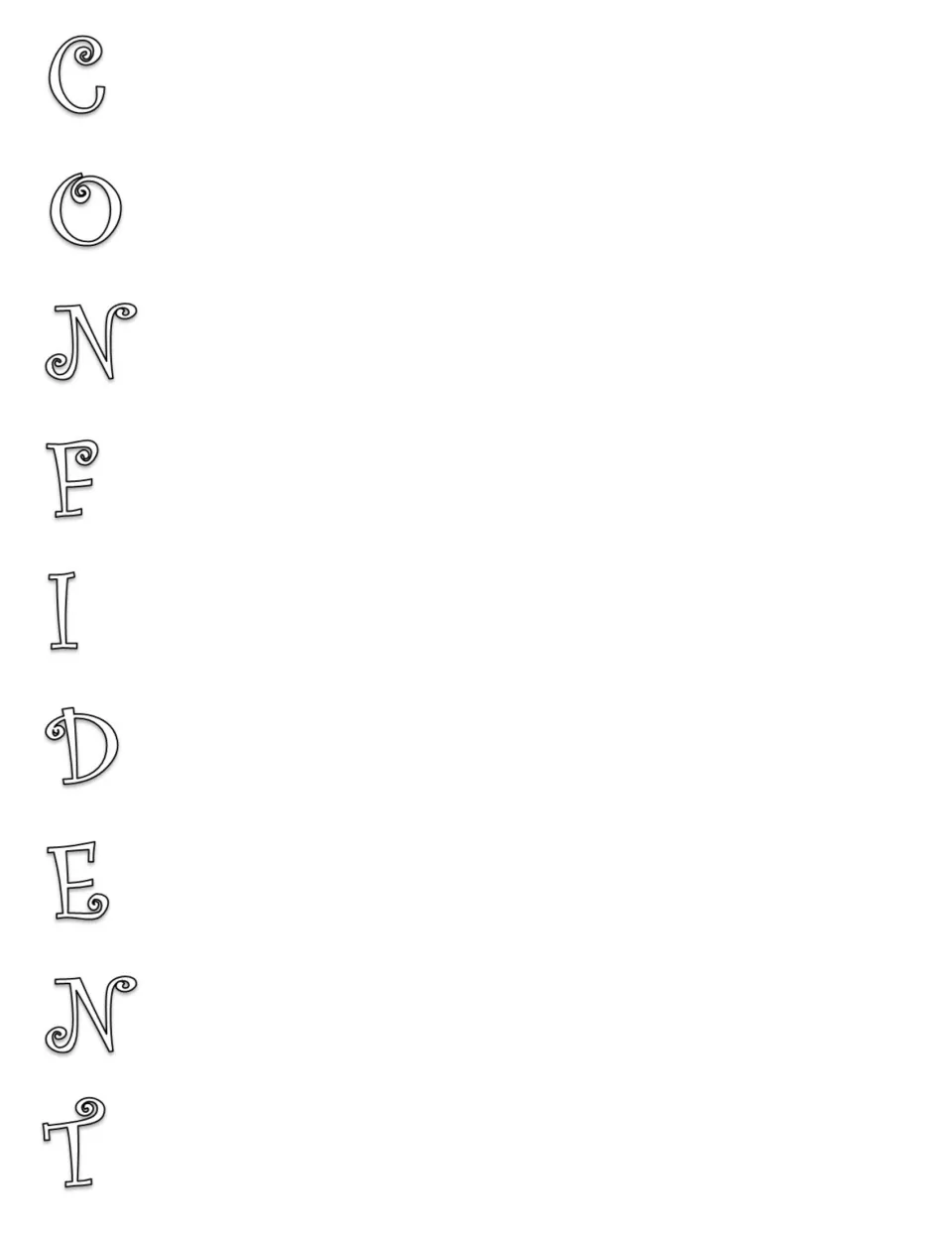 Acrostic poem template for Confident, with black outline letters to begin words or phrases about the trait.