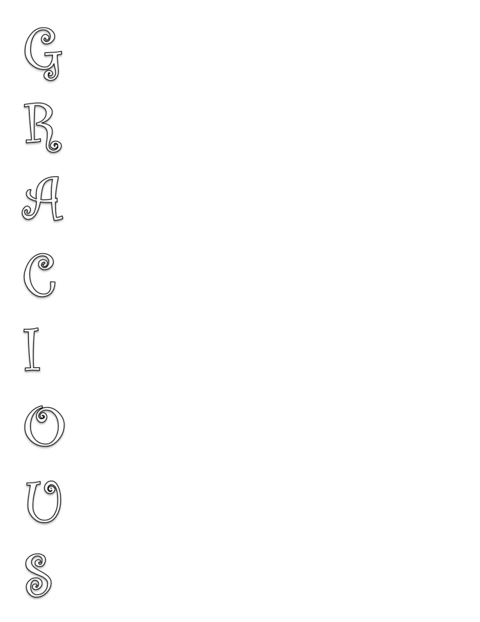Acrostic poem template for Gracious, with black outline letters to begin words or phrases about the trait.
