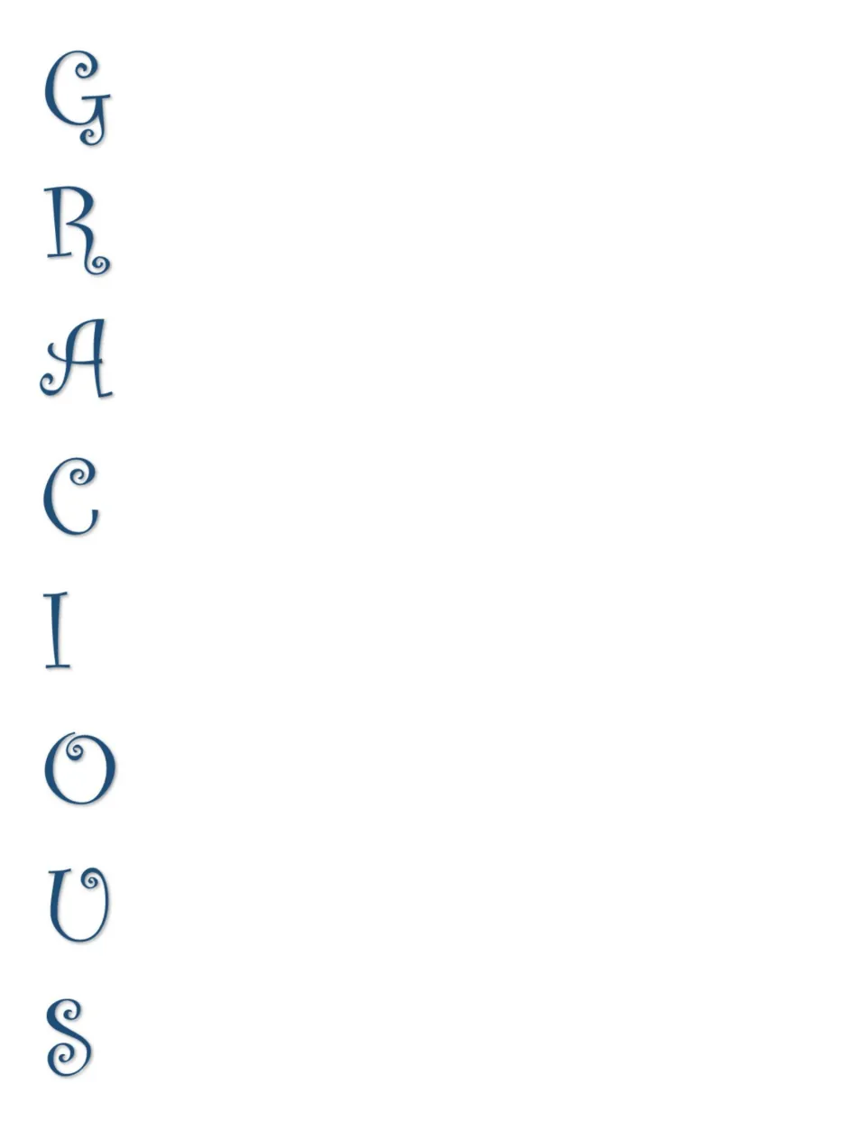 Acrostic poem template for Gracious, with blue letters to begin words or phrases about the trait.