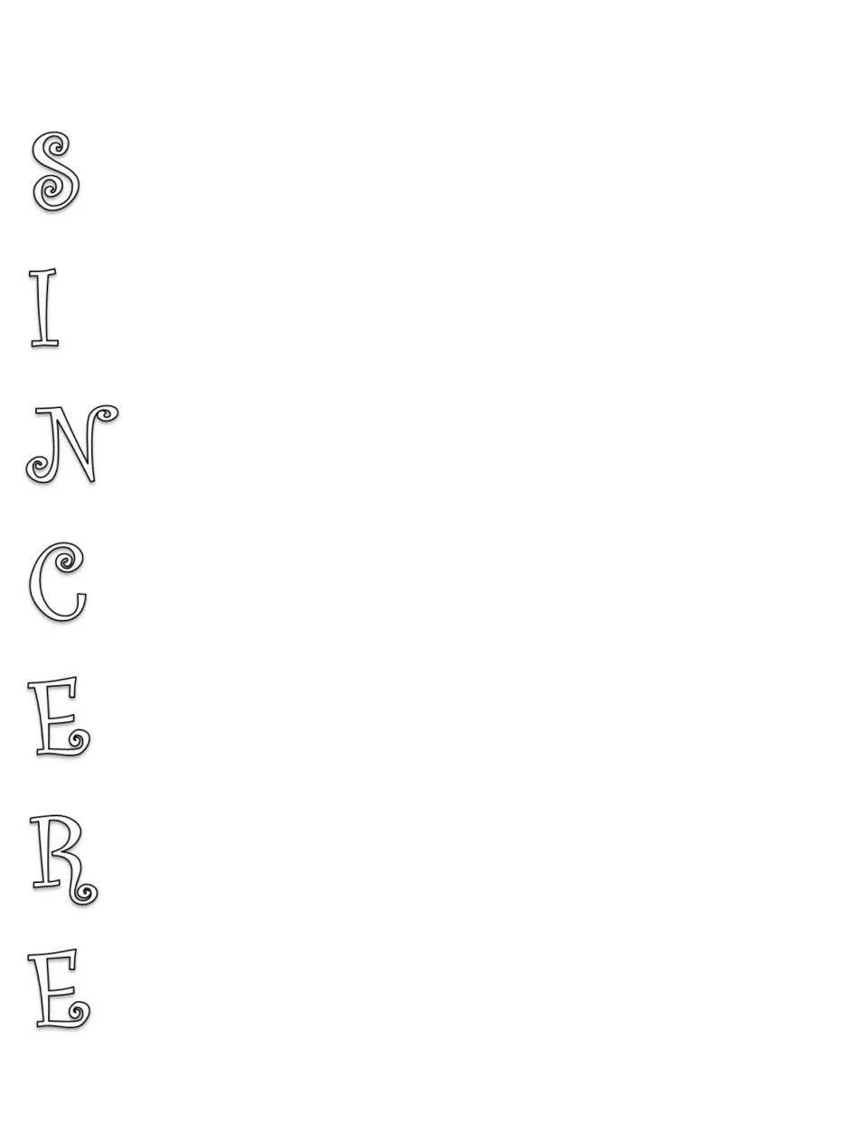 Acrostic poem template for Sincere, with black outline letters to begin words or phrases about the trait.
