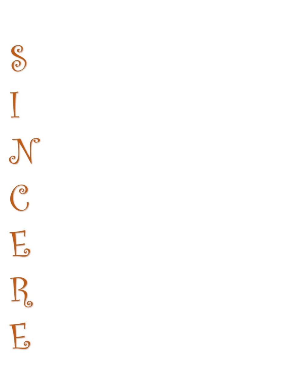 Acrostic poem template for Sincere, with orange letters to begin words or phrases about the trait.
