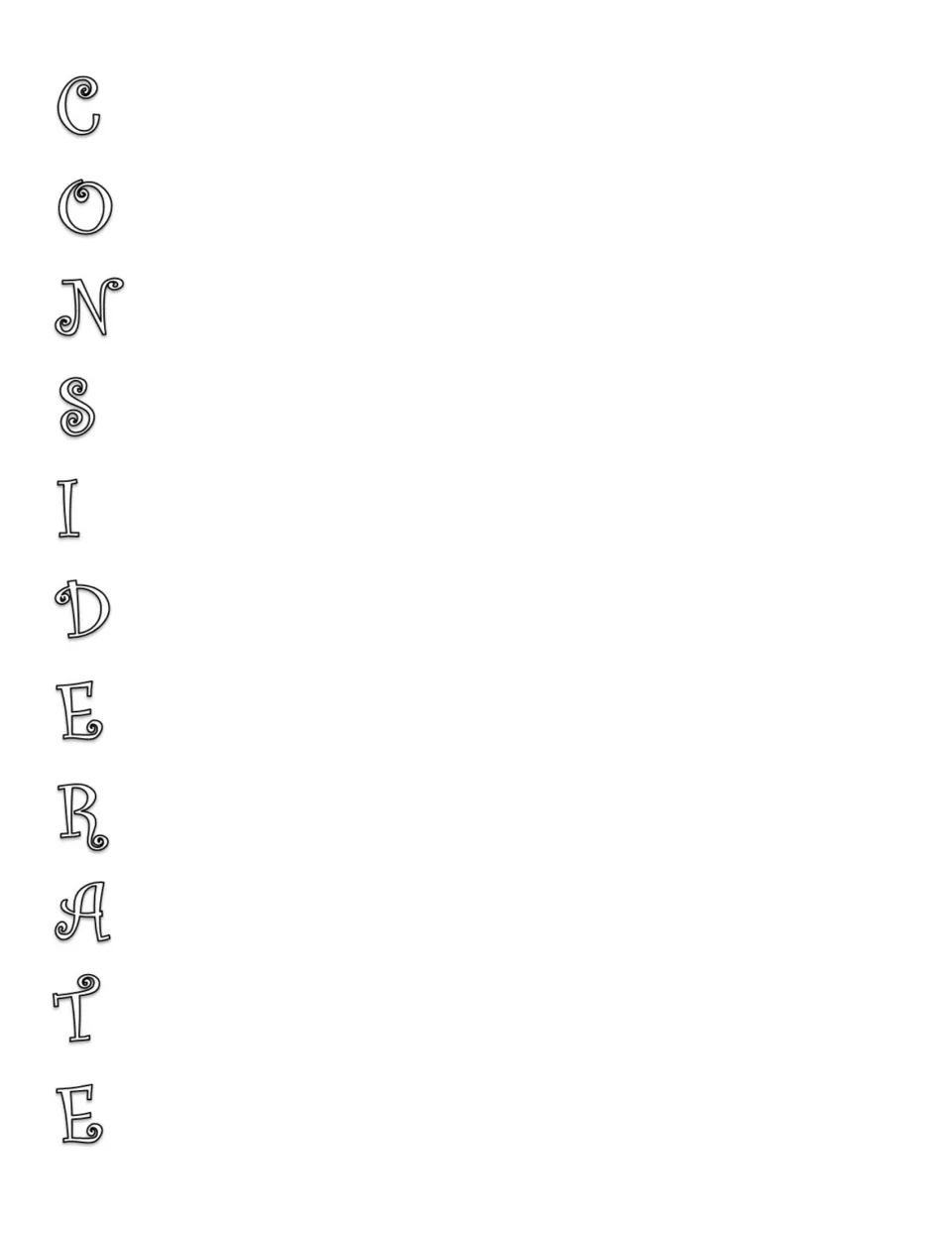 Acrostic poem template for Considerate, with black outline letters to begin words or phrases about the trait.