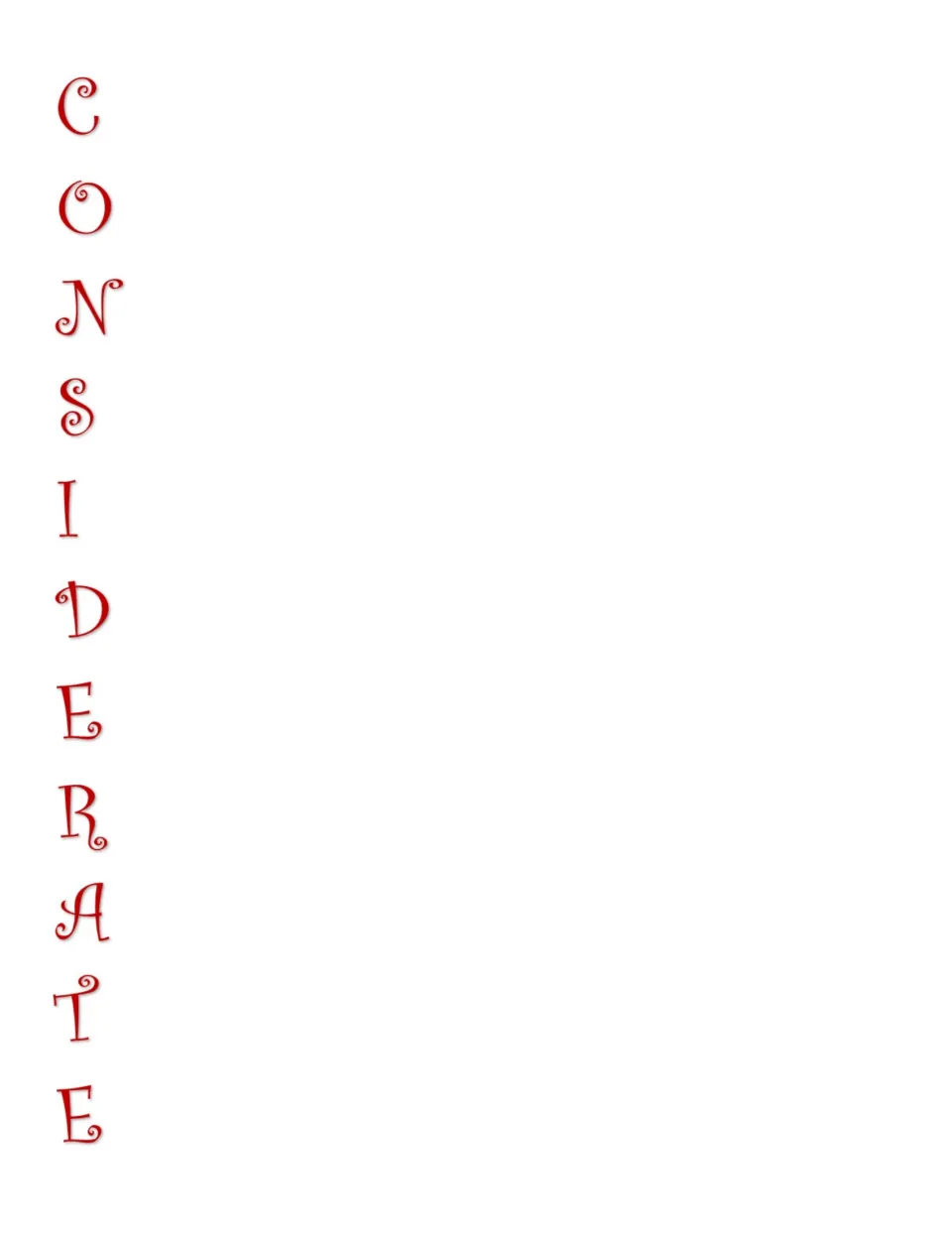 Acrostic poem template for Considerate, with red letters to begin words or phrases about the trait.