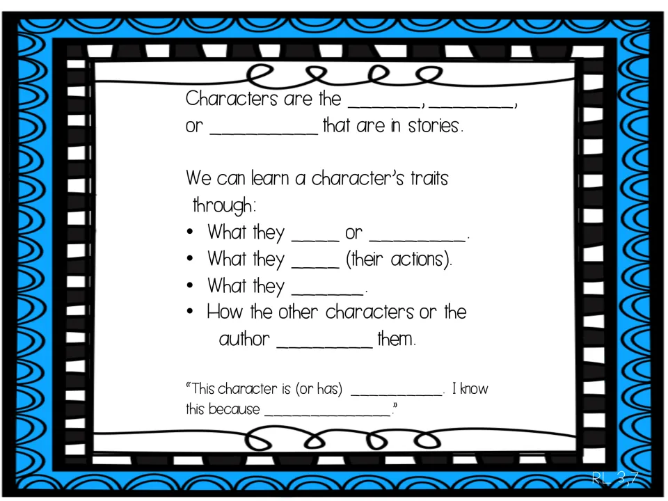 Character traits cloze notes: students fill in how we learn traits from words, actions, thoughts and others' views