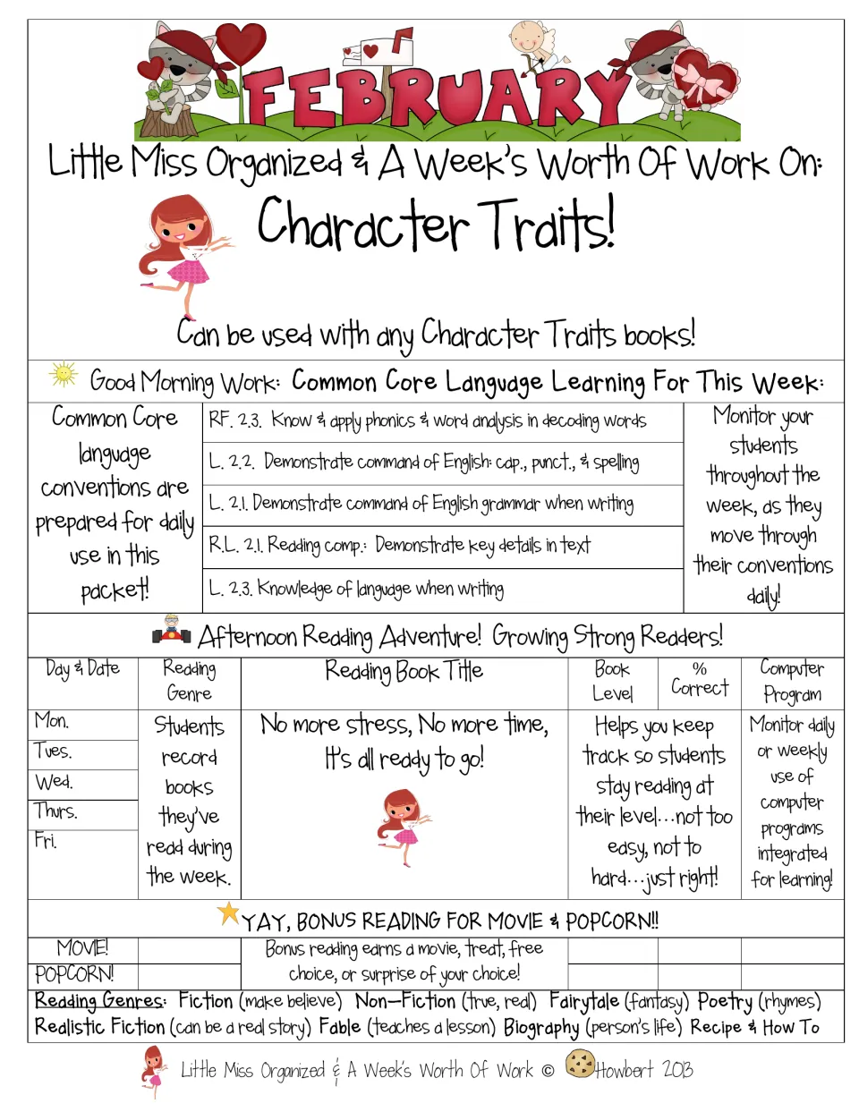 February Character Traits cover: overview of a week of morning work and an afternoon reading log for any traits book