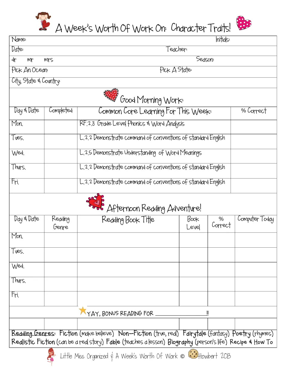 Weekly student tracker: daily morning work checklist with percent correct and a reading log for genre, title and level