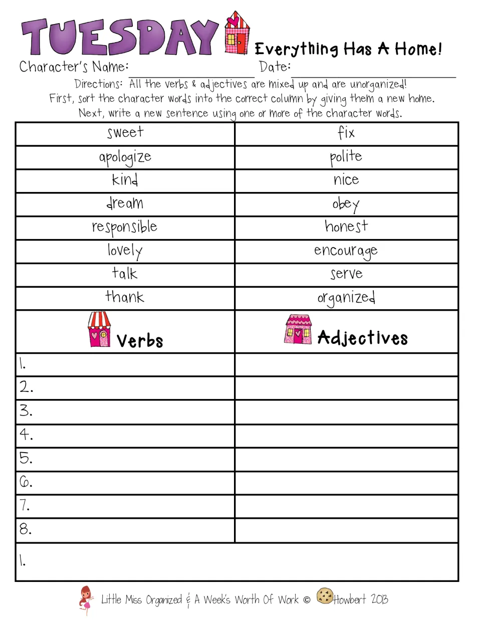 Tuesday parts of speech sort: students place character words like apologize, polite and obey under Verbs or Adjectives