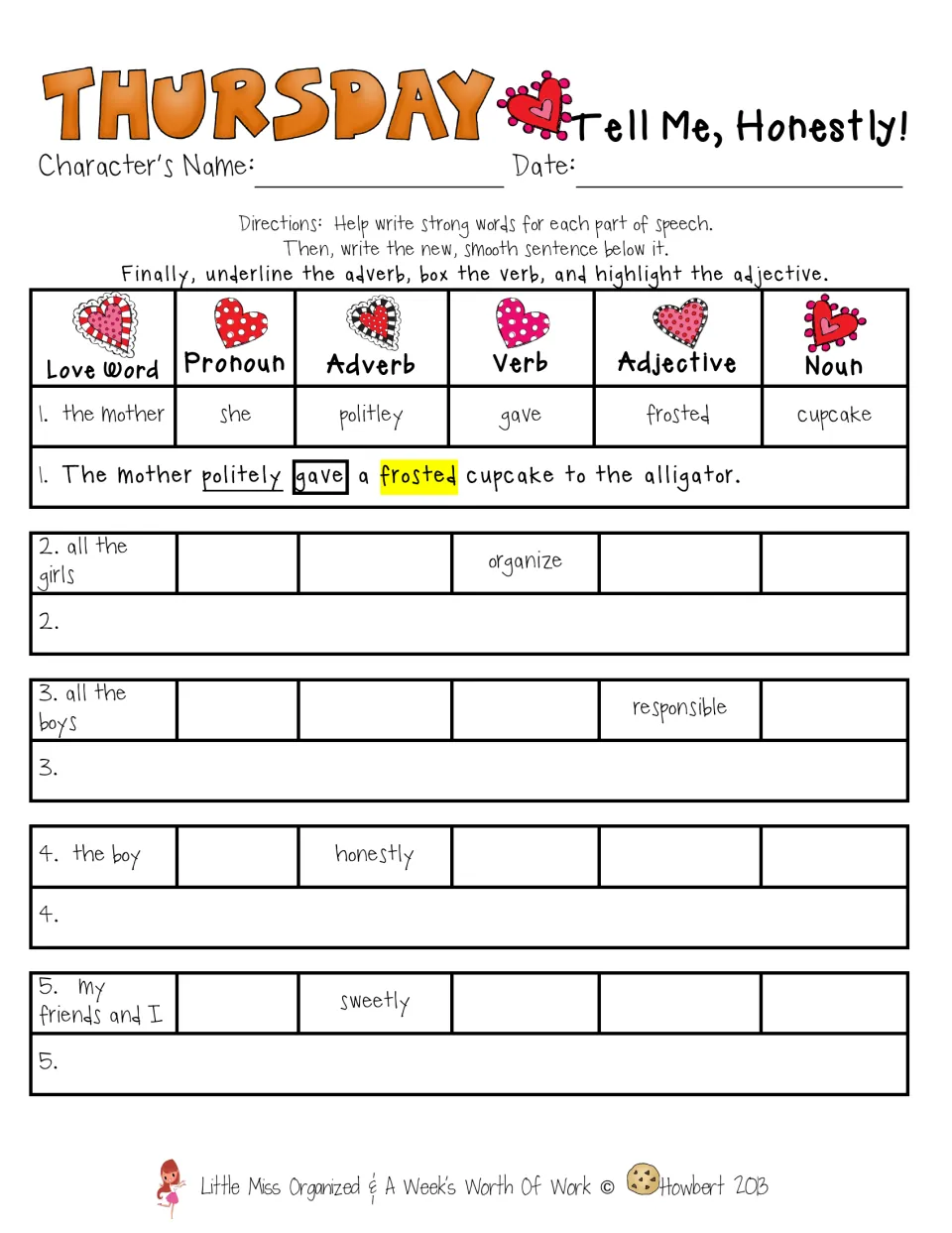 Thursday sentence building: students add a pronoun, adverb, verb, adjective and noun, then mark them in a new sentence