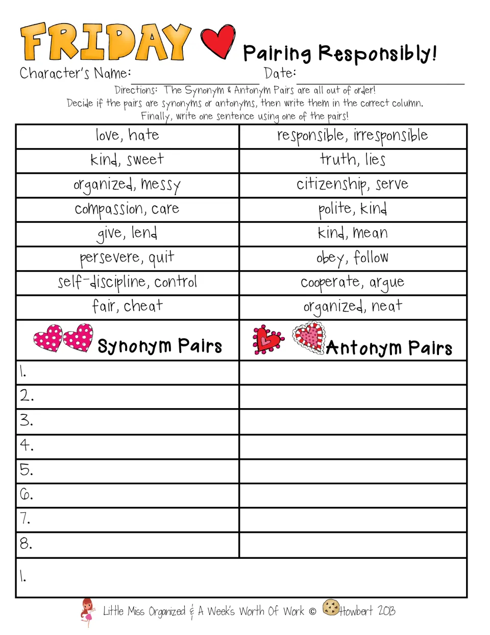 Friday synonyms and antonyms: students sort 16 word pairs such as love, hate and kind, sweet into the correct column
