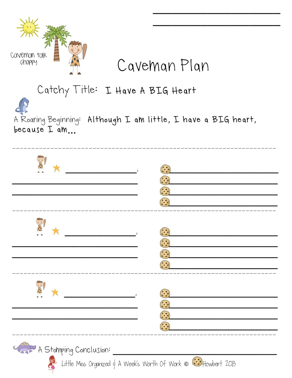 Caveman Plan for 'I Have A BIG Heart': students plan roaring beginning, three traits with details and stomping conclusion