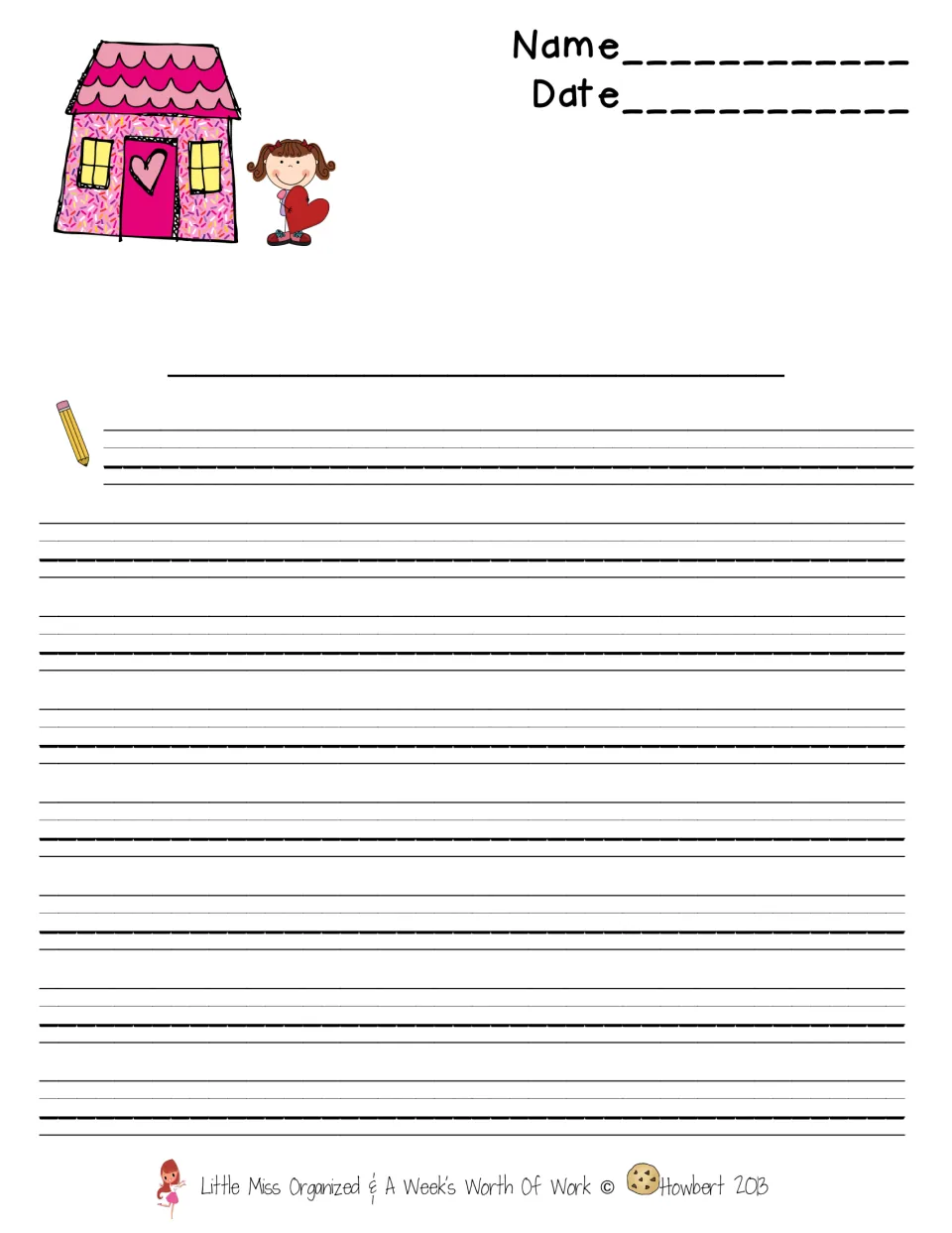 Final-copy writing page: students add a title and write out their finished piece neatly under Name and Date