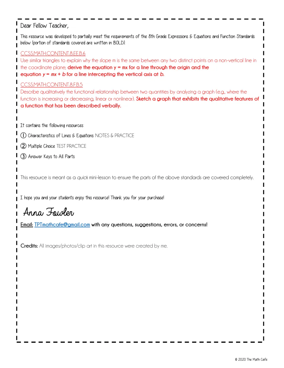 Teacher introduction to the lines mini-lesson, listing covered standards, notes, practice, and answer keys