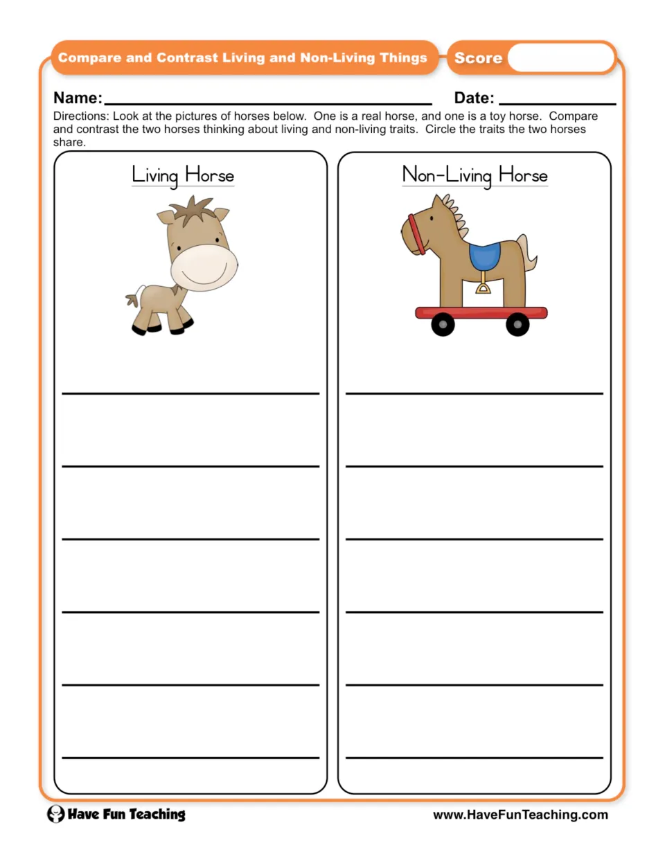 Living vs. non-living horses: students compare a real horse and a toy horse, list traits of each and circle shared ones