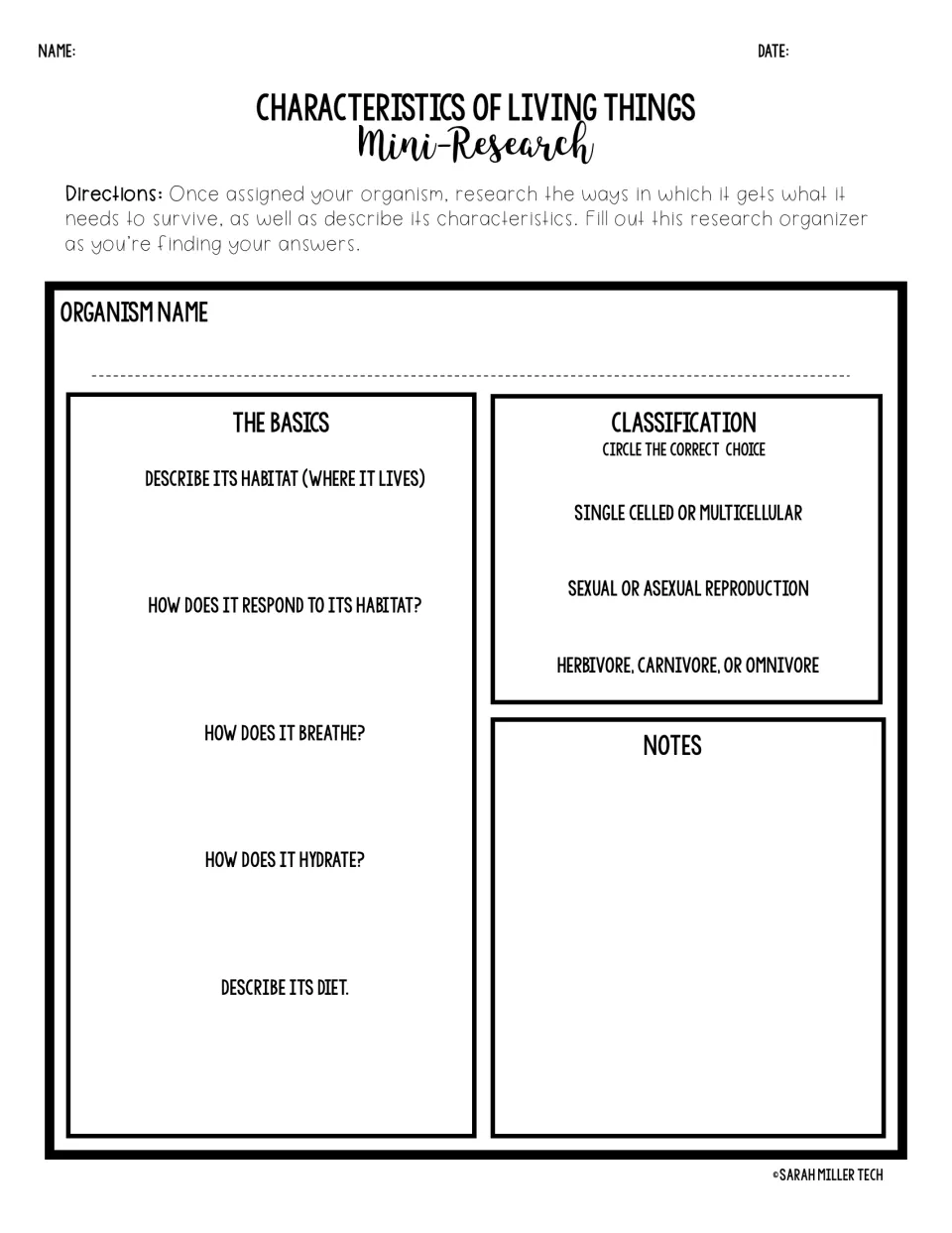 Living things organizer: students record an organism's habitat, breathing, hydration and diet, then circle classifications
