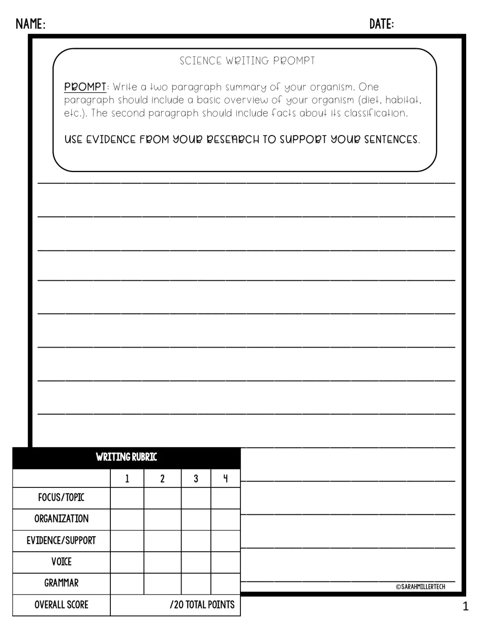 Science writing prompt: students write a two-paragraph organism summary using research evidence, scored on a 20-point rubric