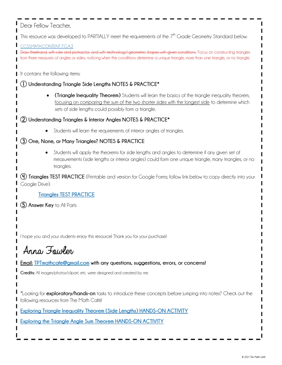 Teacher introduction listing triangle notes, practice sections, test practice, and answer keys