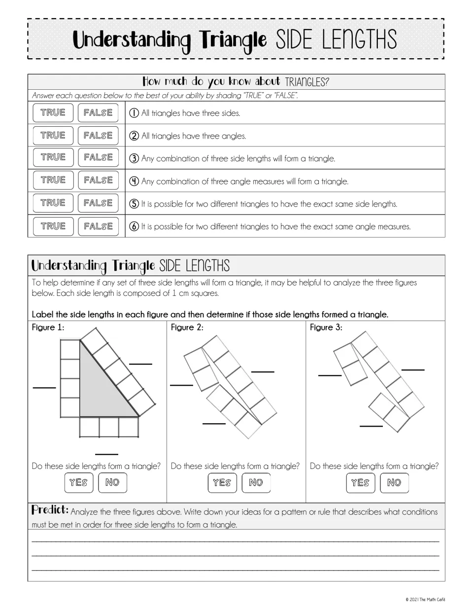 Triangle side lengths introduction: six true-or-false statements and three figures built from unit squares