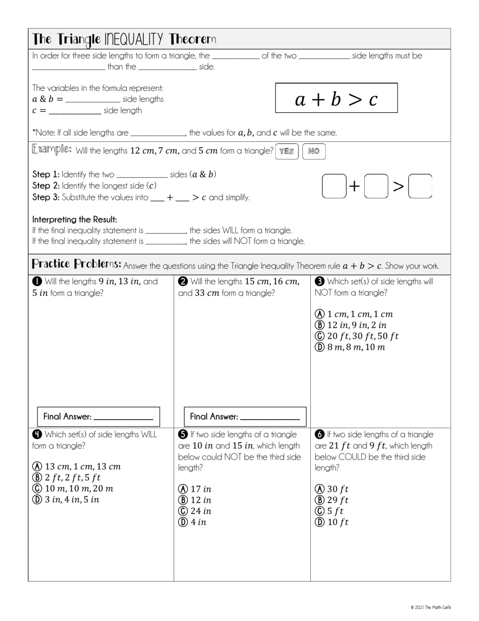 Triangle Inequality Theorem notes introduce a + b > c, a 12, 7, 5 cm example, and six practice problems