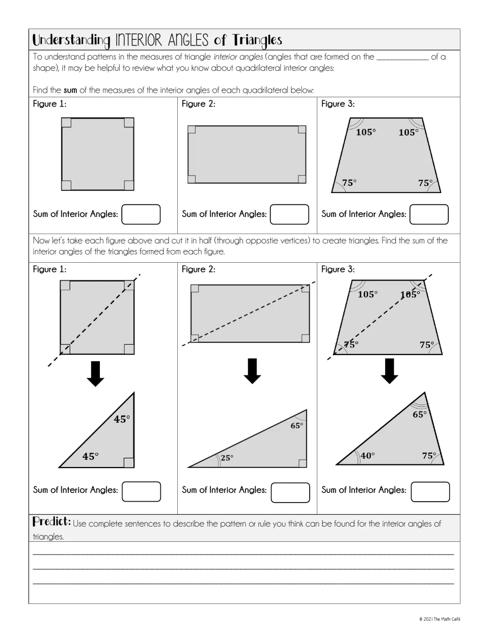 Interior angle exploration compares a square, rectangle, and trapezoid with triangles formed by diagonals