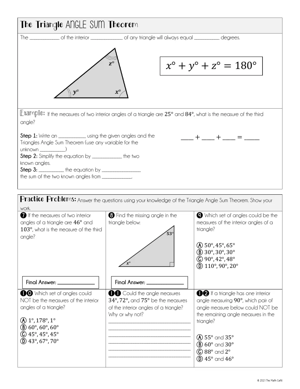 Triangle Angle Sum Theorem notes show x° + y° + z° = 180°, a 25° and 84° example, and problems 7–12