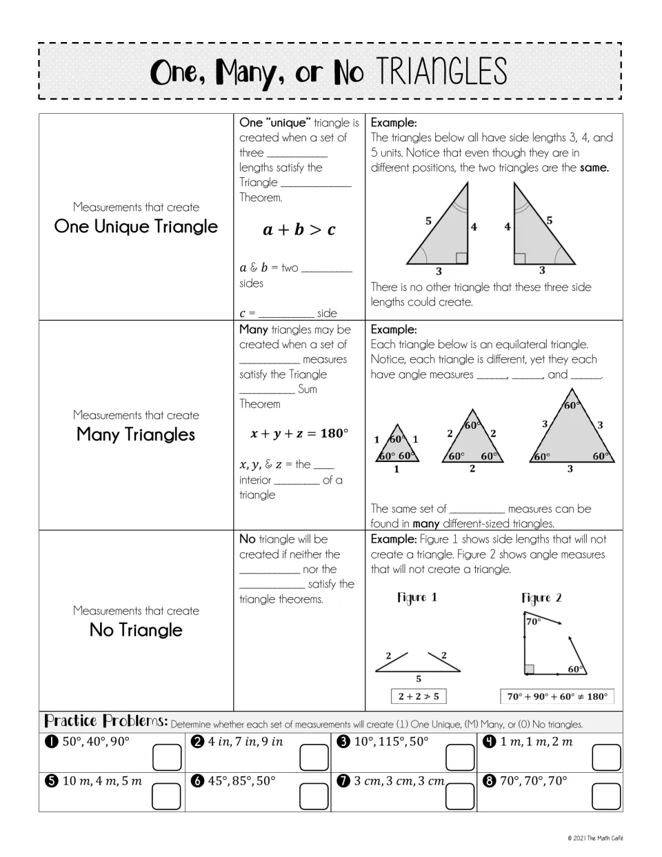 One, Many, or No Triangles notes use 3-4-5 and equilateral triangles, followed by eight practice problems