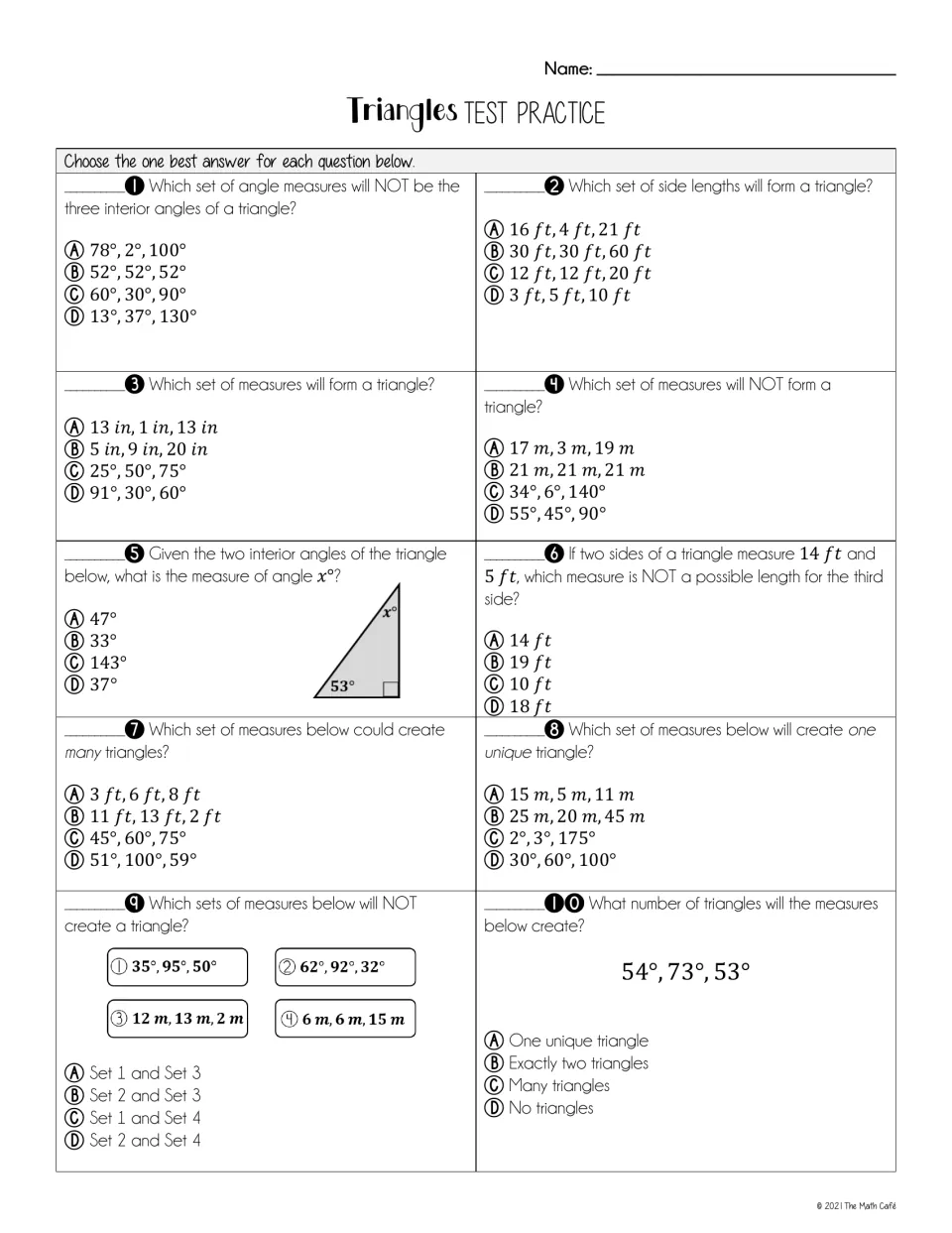Triangles Test Practice has 10 multiple-choice questions on side lengths, angles, and triangle classification