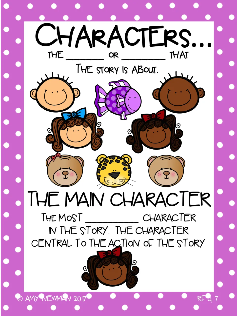 Fill-in characters chart: students complete the blanks defining story characters and the main character