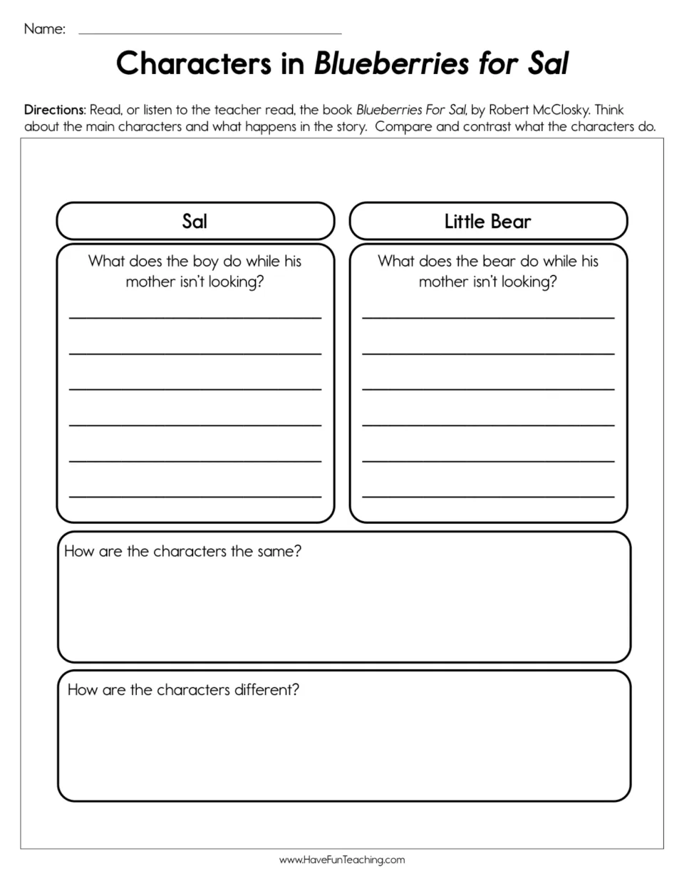 Character comparison worksheet: Sal and Little Bear's story actions, similarities, and differences.
