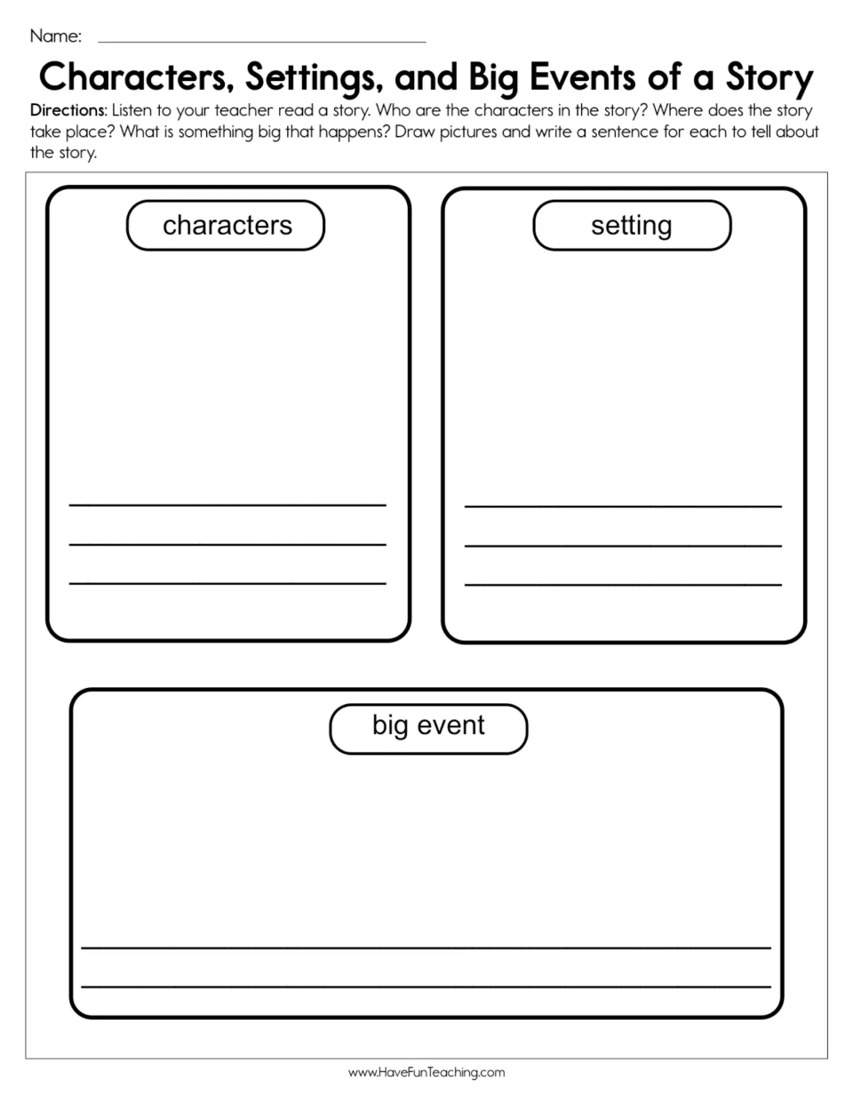 Story elements after a read-aloud: students draw and write a sentence about the characters, the setting and one big event