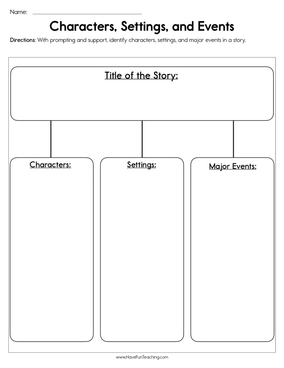 Story elements organizer: students write a story's title, then list its characters, settings and major events