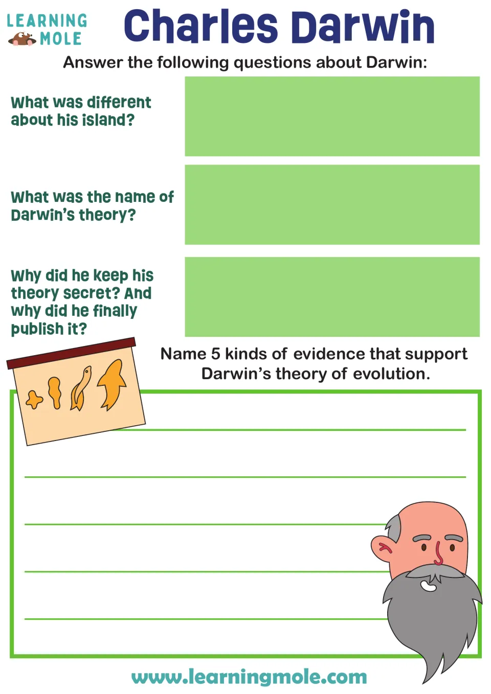 Charles Darwin questions: students describe his island, name his theory, why he delayed publishing, and 5 kinds of evidence