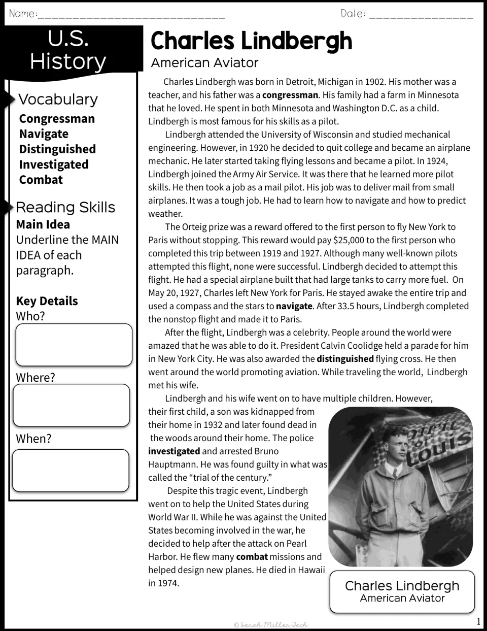 Charles Lindbergh biography passage: students read about the aviator, underline main ideas and note who, where and when