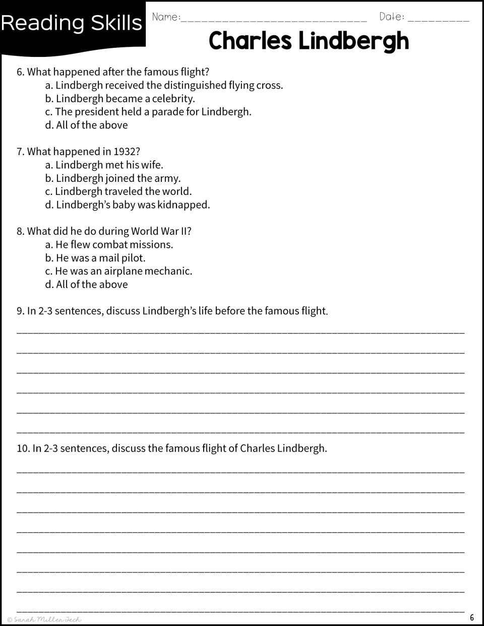 Lindbergh quiz questions 6 to 10: multiple choice on fame, 1932 and WWII, then two short written responses about his life