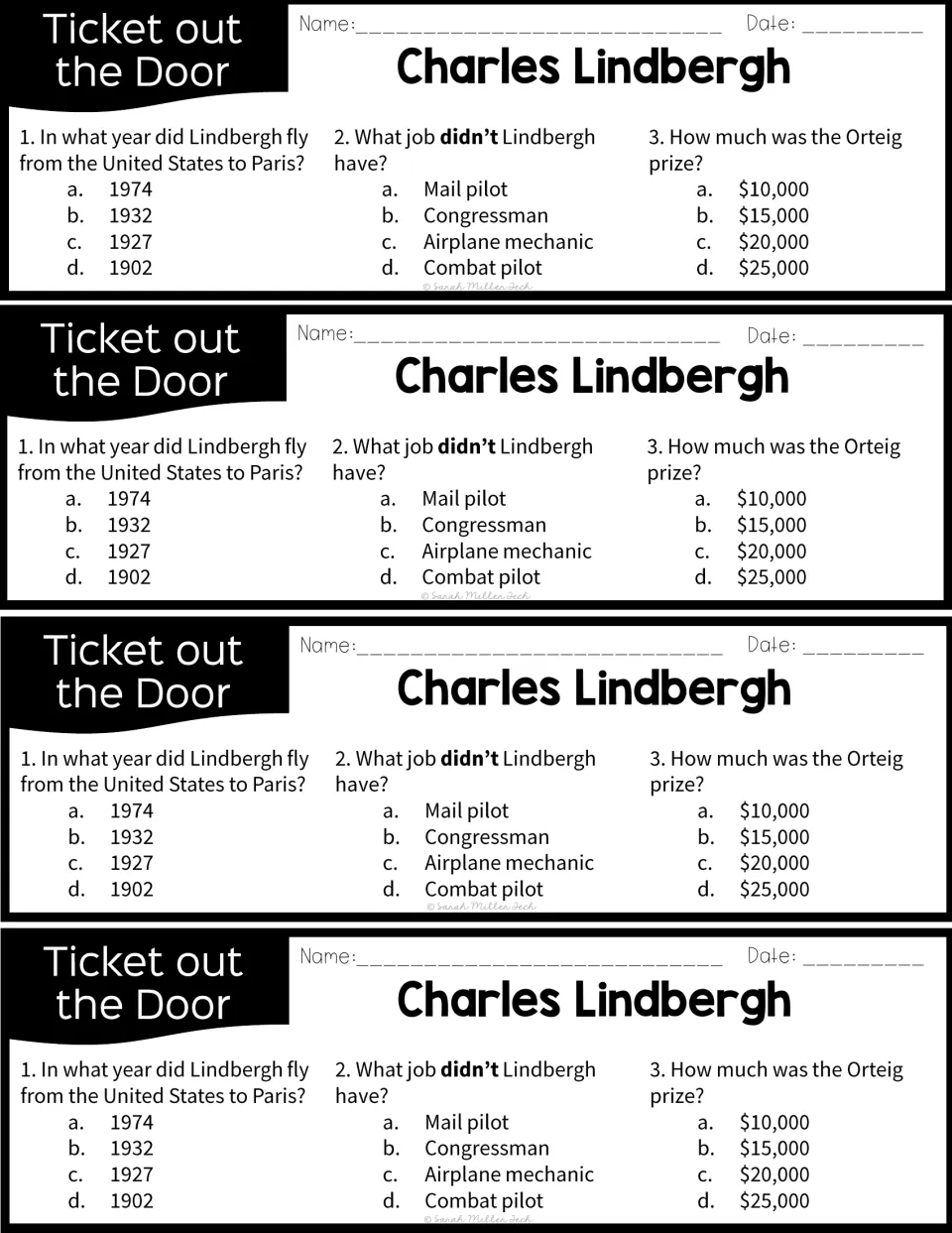 Lindbergh exit tickets, four per page: students answer the flight year, a job he didn't have and the Orteig prize amount