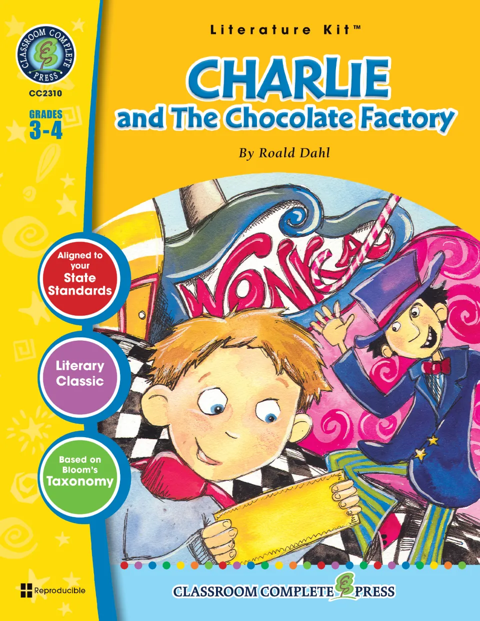 Literature kit cover for grades 3–4, featuring Charlie holding a golden ticket and Willy Wonka beside him
