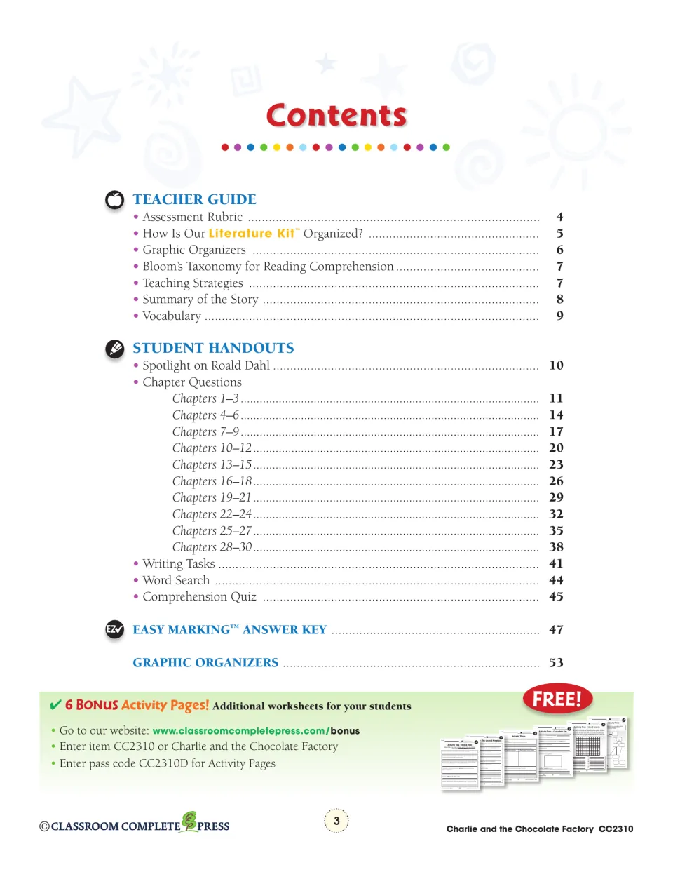 Contents lists teacher guidance, ten chapter-question sections, writing tasks, a quiz, and an answer key