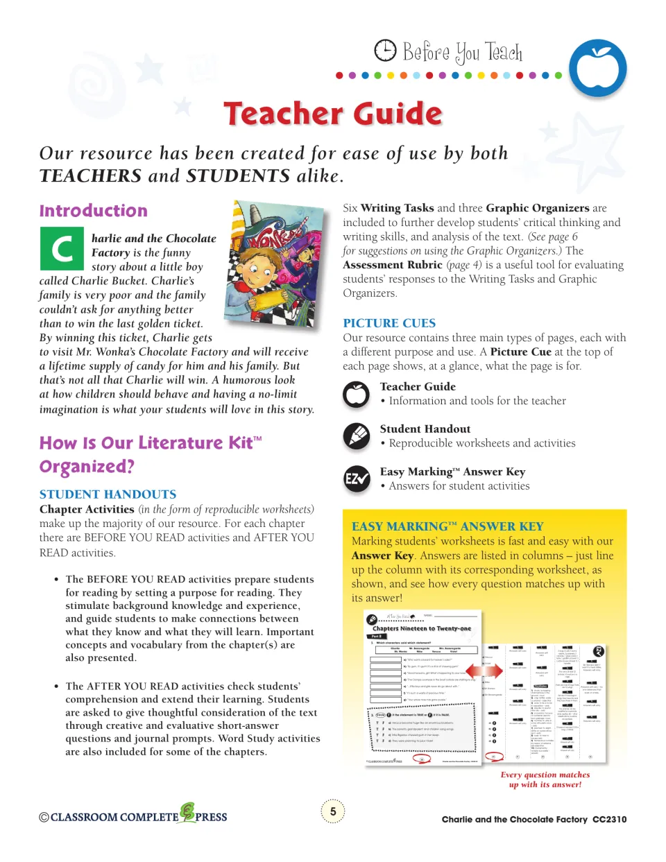Teacher guide explains before- and after-reading activities, six writing tasks, and three graphic organizers