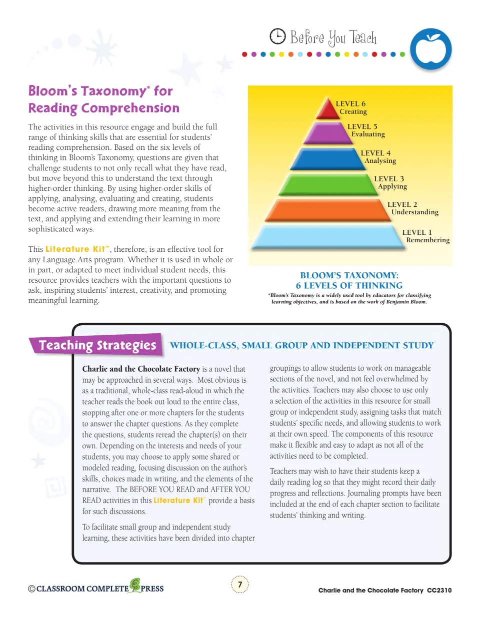 Teacher guide explains six Bloom’s Taxonomy levels and strategies for whole-class, small-group, and solo study