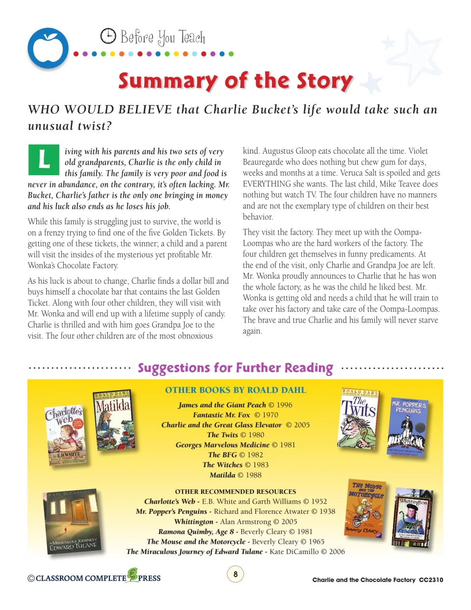 Teacher story summary follows Charlie’s poverty, golden ticket, factory visit, and inheritance of the factory