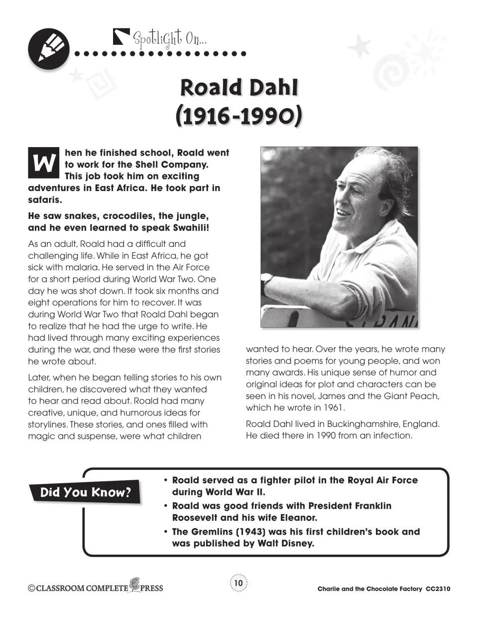 Roald Dahl author handout includes his portrait, life dates, work in East Africa, wartime service, and writing