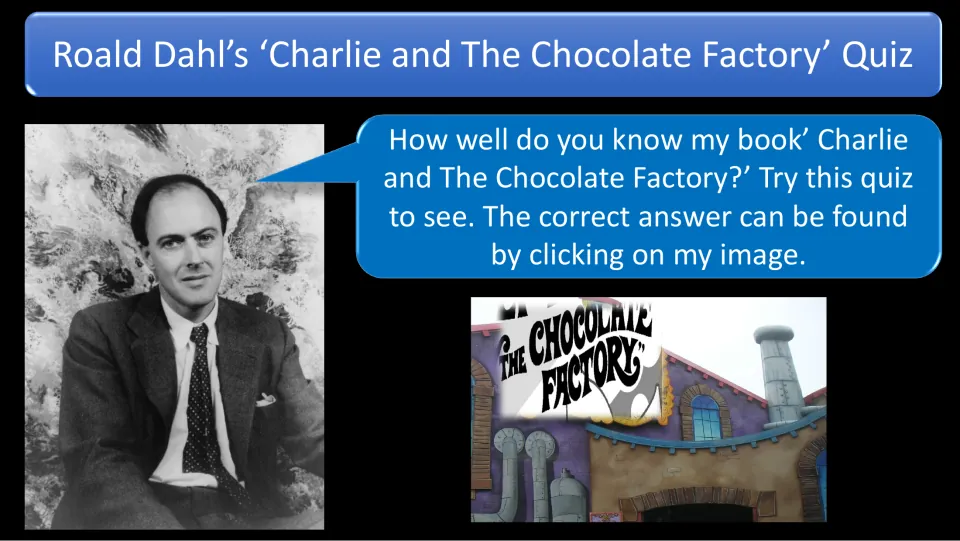 Cover of Charlie and the Chocolate Factory Quiz, introducing the quiz and how to reveal correct answers