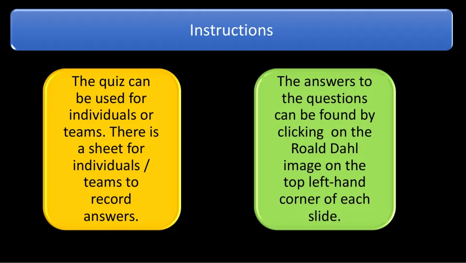 Quiz instructions explain individual or team participation, an answer recording sheet, and clickable answers