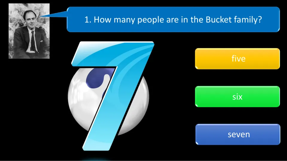 Quiz question 1 asks how many people are in the Bucket family, with answer choices five, six, and seven