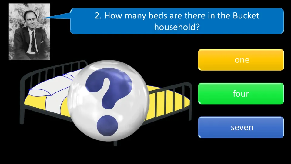 Quiz question 2 asks how many beds are in the Bucket household, with answer choices one, four, and seven