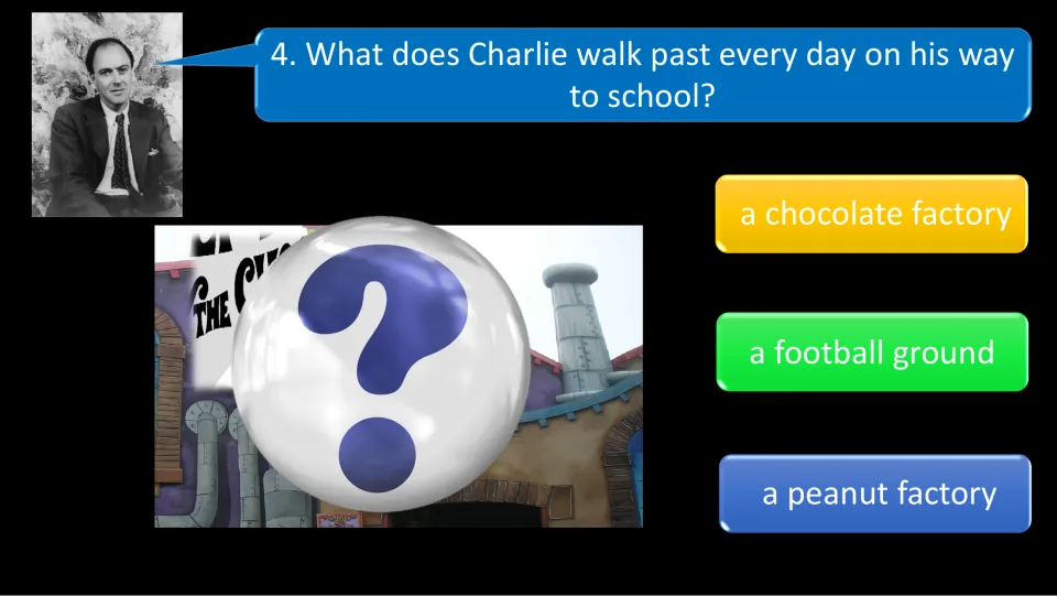 Quiz question 4 asks what Charlie passes on his way to school: a chocolate factory, football ground, or peanut factory