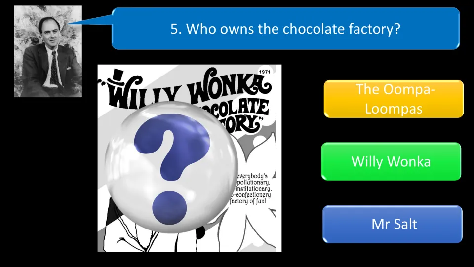Quiz question 5 asks who owns the chocolate factory, with choices the Oompa-Loompas, Willy Wonka, and Mr. Salt