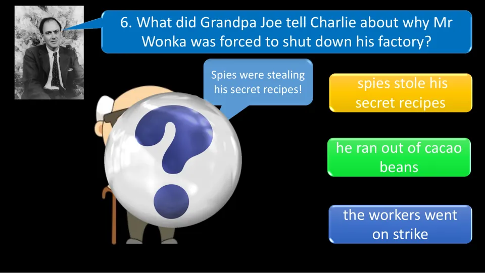 Quiz question 6 asks why Wonka shut down his factory; Grandpa Joe's speech says spies stole his secret recipes