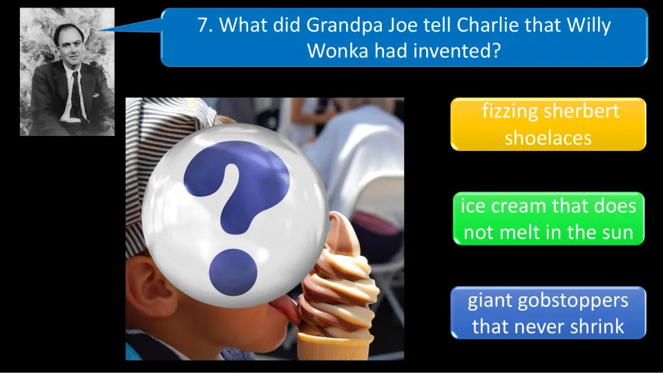 Quiz question 7 asks which invention Grandpa Joe described, including ice cream that does not melt in the sun
