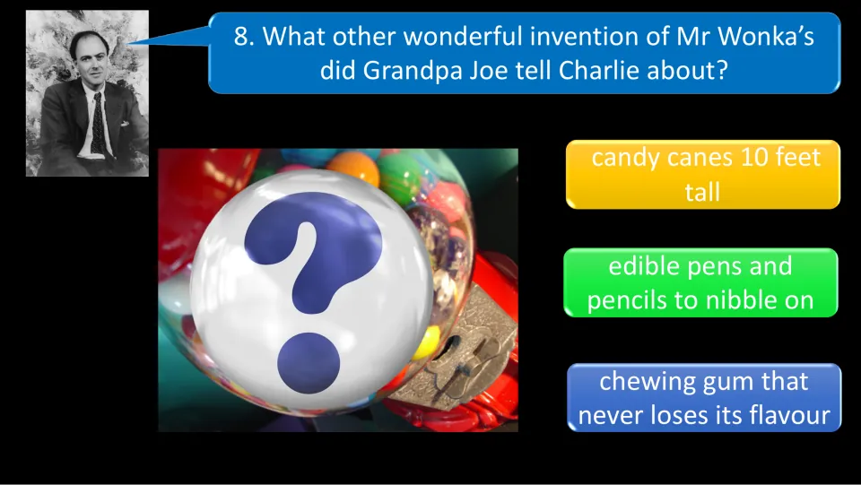 Quiz question 8 asks about another Wonka invention, with choices of tall candy canes, edible pens, or chewing gum